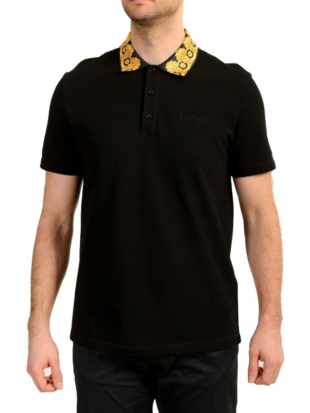 Versace Men's Black Barocco Print Short Sleeve Polo Shirt US S IT 48